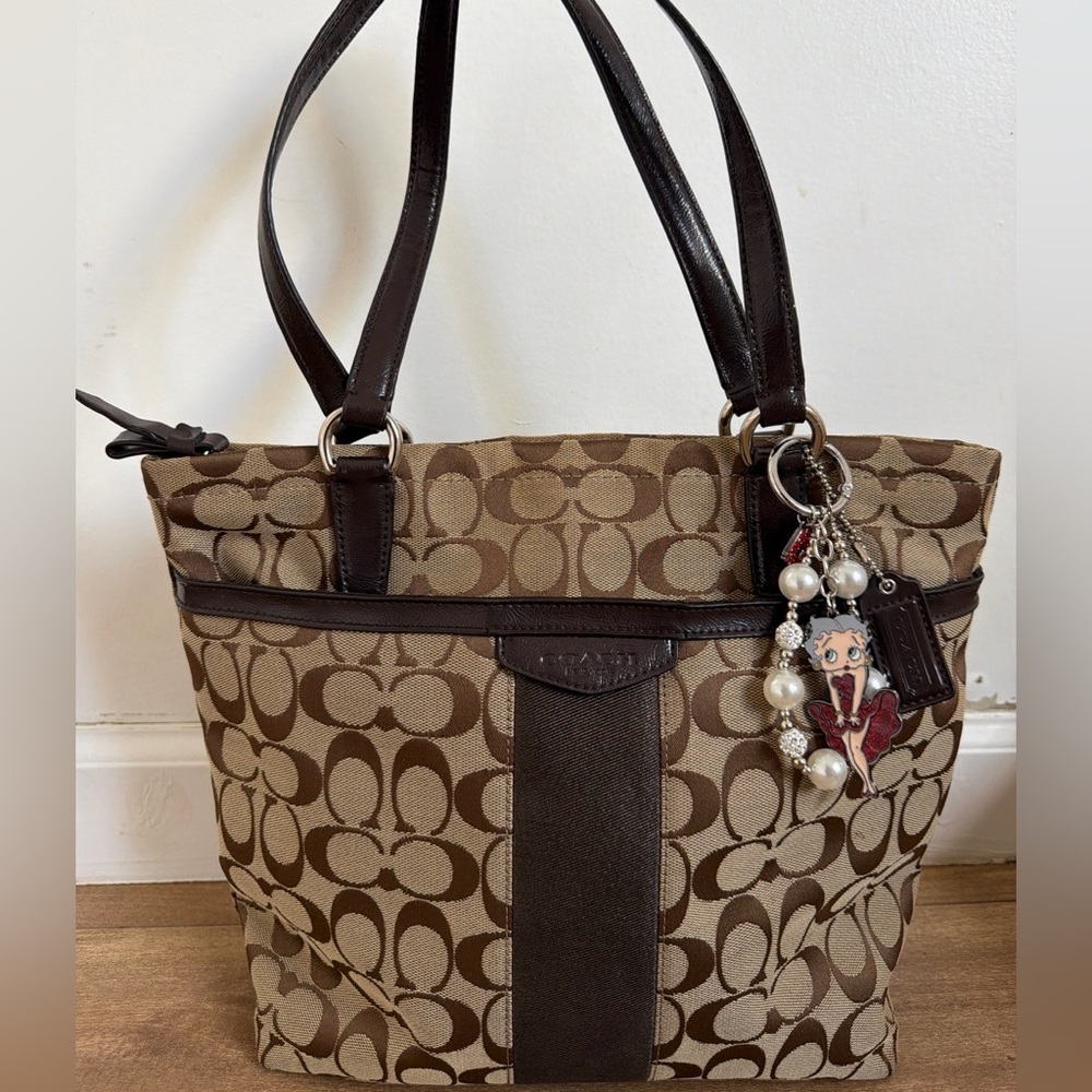 Coach Brown Signature Canvas Tote with Dark Brown Leather Trim and Charm